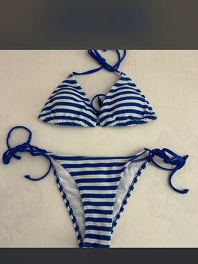 Blue and white striped bikini set size small
